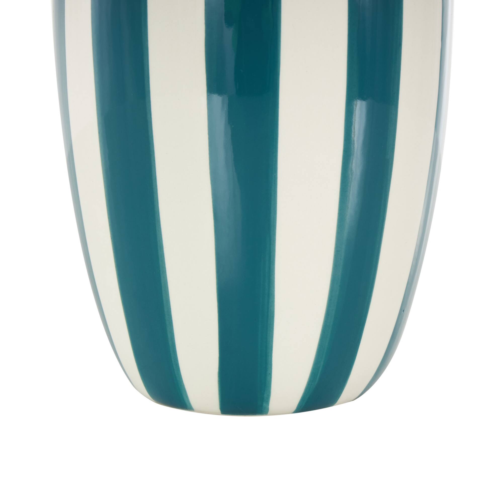 9.5" White & Teal Stripes Round Wide Ceramic Vase